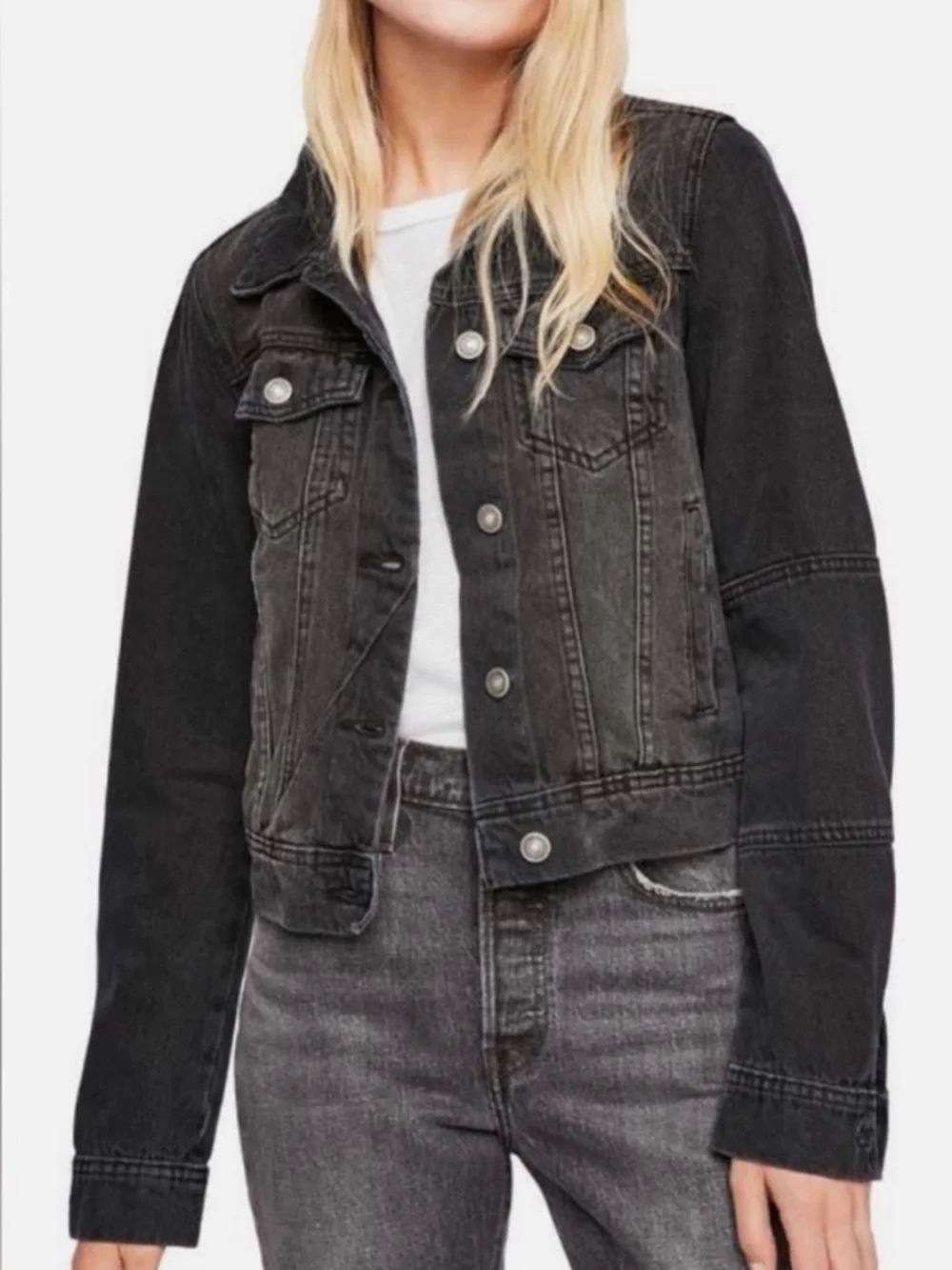 Free People Womens Large Black Denim Trucker Jacket Rumors Y2K